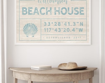 Personalized Beach House Sign: Family Name & Coordinates with Seashell Art