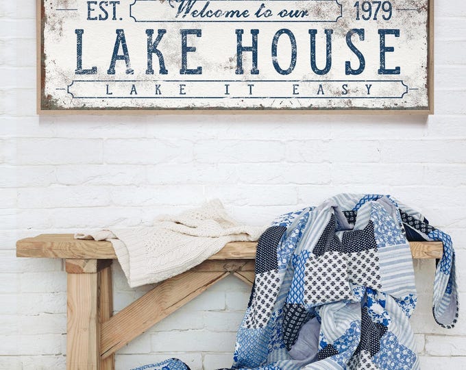 Nautical Lake House Sign, White Navy Blue (Personalized Rustic Decor)