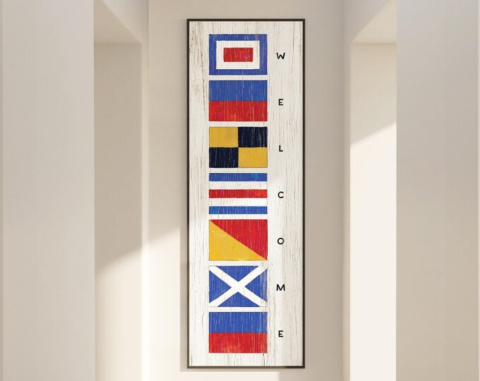 Personalized Nautical Flags Welcome Sign, Coastal Canvas Art