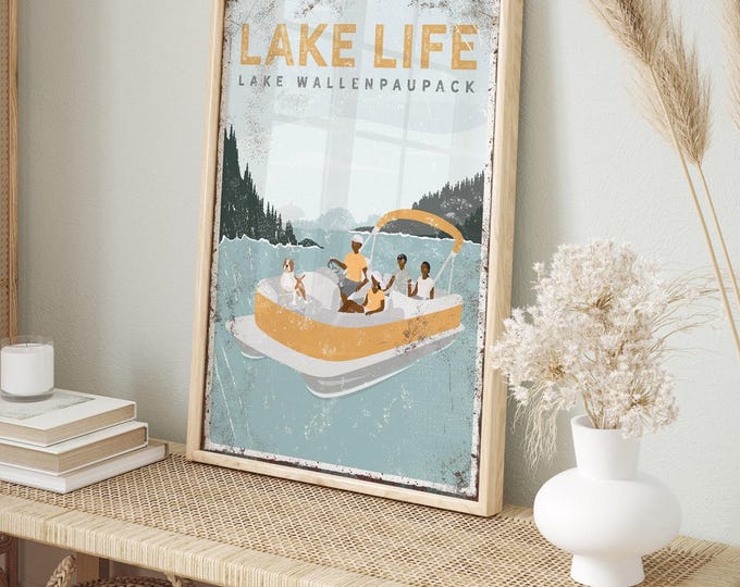 Family Pontoon Boat Sign: Custom Lake House Art - Includes Dog Options