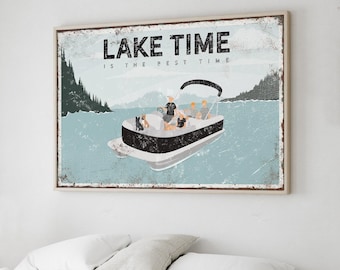 Lake Time Wall Art: Family and Dogs on Pontoon (Custom Text Available)