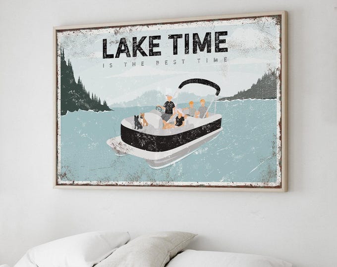 Lake Time Wall Art: Family and Dogs on Pontoon (Custom Text Available)