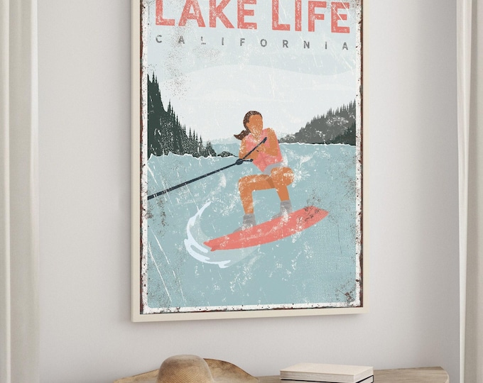 Lake House Wall Art, Vintage Wakeboard Sign (Custom Text & Colors)