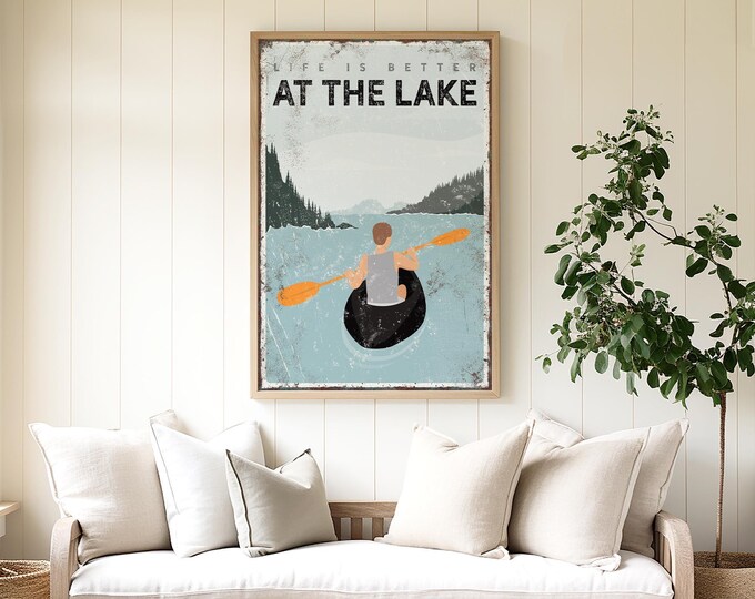 Kayak Lake Sign, Black Kayak Art With Orange Paddle, Life Is Better At The Lake