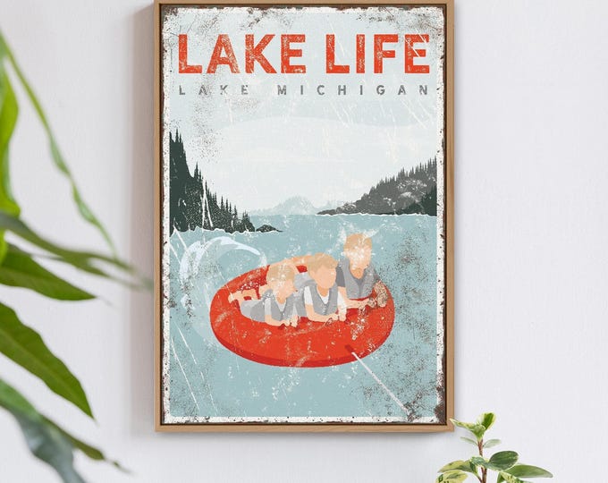 Lake Decor Accent Sign, Red Tubing Canvas Print, Personalized Lake Michigan Wall Art for Cabins