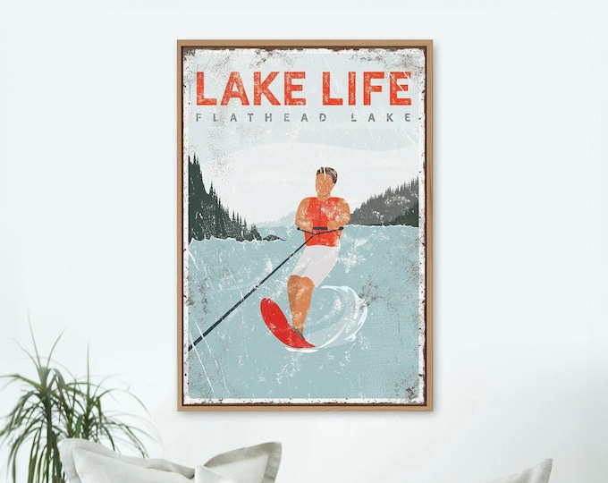Lake Life Sign, Vintage Lake House, Water Skiing Poster, Personalized Wall Art, Retro Slalom Ski Gift, Cabin Decor {vpl}