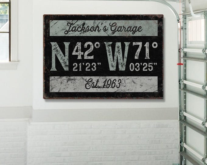 Custom GPS Coordinates Sign: Vintage Garage Style Canvas (Personalized Text)