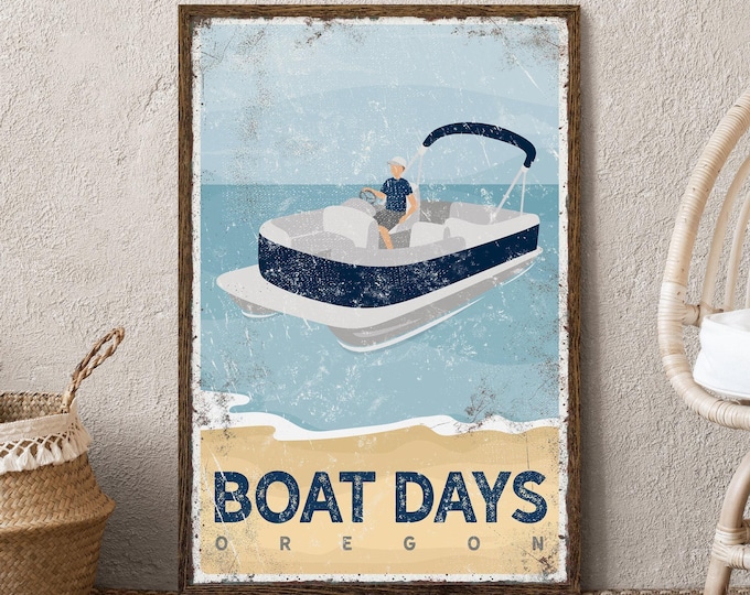 Oregon Boat Days Sign, Personalized Navy Pontoon Art, Custom Lake Town Gift