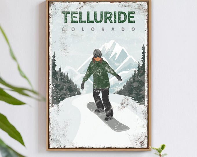vintage snowboard poster > custom canvas print, gift for female snowboarder, retro mountain house decor wall art (Telluride, Colorado) {vpw}