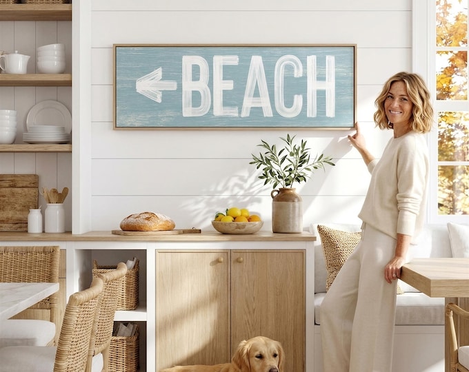 Beach Arrow Sign, Light Seagrass Blue Directional Coastal Wall Art, Wedding Gift