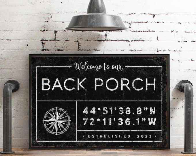 Personalized Porch Sign: Family Name and Coordinates - Black Farmhouse Style
