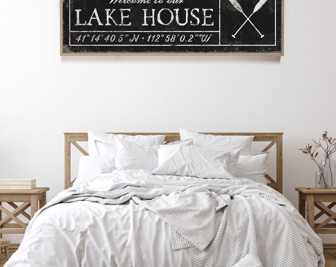 Canoe Paddles, Black And White Lake House Sign With Your Coordinates And Welcome Message