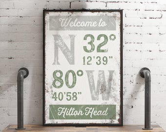 Coastal Welcome Home Sign, Your Place Name and Coordinates in Sage Green