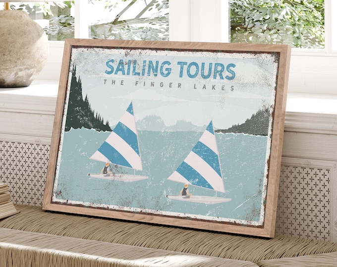 Vintage Lake Poster with Sailboats, Personalized Lake House Decor, Custom Text, Sailing Tours, Finger Lakes with Cerulean Accent Shown {VPL}
