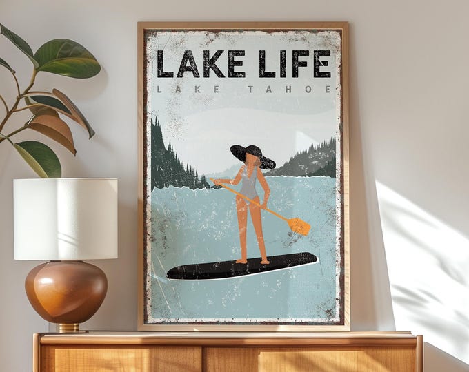 Paddle On Lake Print, Lake Life Custom Lake Name Paddleboard Wall Art, Vintage Cabin Decor