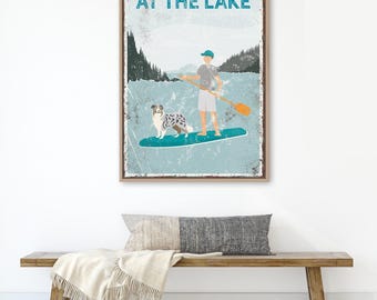 Paddle Sign for the Lake House, Paddleboard and Dog Print, Personalized Rustic Wall Art