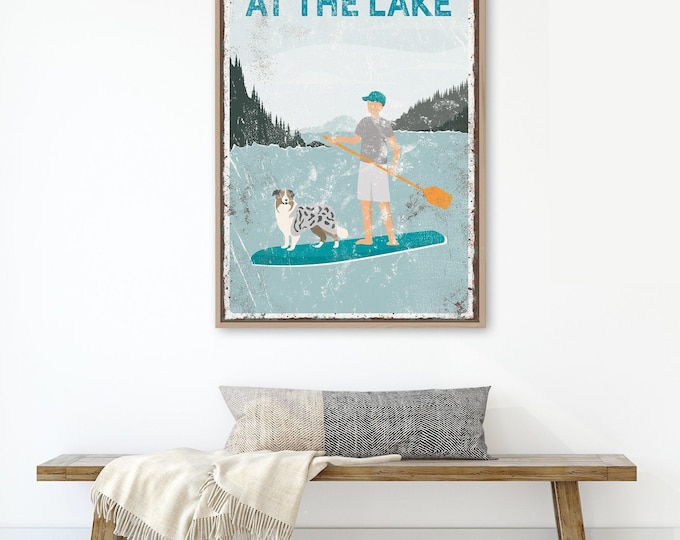 Paddle Sign for the Lake House, Paddleboard and Dog Print, Personalized Rustic Wall Art