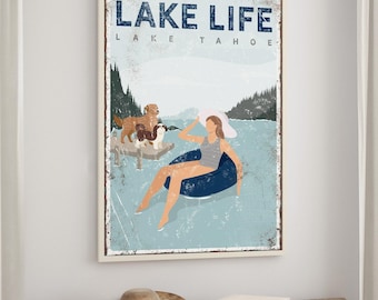 Lake Life Sign, Vintage Style with Golden Retriever & Shih Tzu (Custom Text)