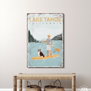 Lake Tahoe SUP sign • yellow paddleboard lake house decor • vintage lakehouse wall art canvas • man and English Bulldog paddleboarding {vpl}