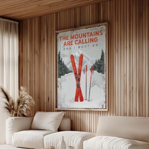 The MOUNTAINS ARE CALLING Poster with Red Skis, Ski Cabin Wall Art, Text Can be Personalized, Ski Gift for Dad, Red Ski Decor {vpw}
