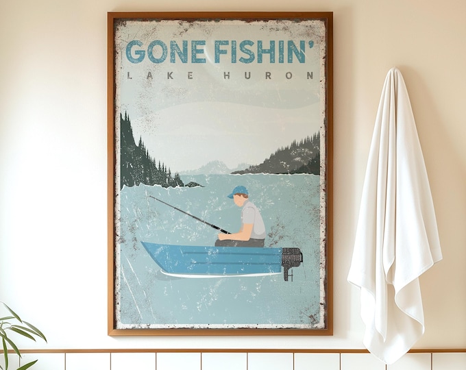 Cerulean Gone Fishin' Sign, Light Blue Boat Art for Lake Huron Lake House Decor, Coastal Canvas Print, Retro Fishing Gift for Him {vpl}