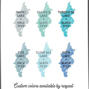 A pale aqua and blue chart of six lake silhouettes paired with hale, slate or black text