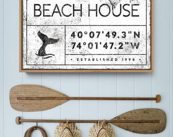 Beach House Sign, Farmhouse Decor, Nautical Decor Print, Custom GPS Location Canvas, Personalized Last Name Wall Art, Vintage Boho