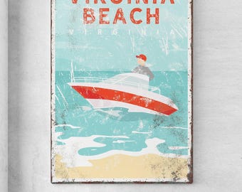 vintage boating sign > personalized motor boat canvas for Virginia Beach house decor, large canvas for nautical beachhouse decor {vpb}