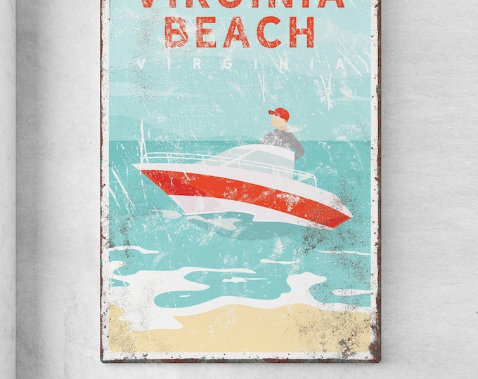 vintage boating sign > personalized motor boat canvas for Virginia Beach house decor, large canvas for nautical beachhouse decor {vpb}