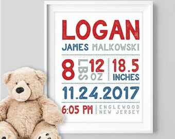 Birth Stats Nursery Sign: Custom Name and Details - Red Navy Gray