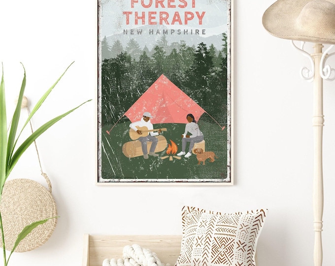personalized vintage CAMPING POSTER with dogs, couple camping by the fire with Dachshund, custom text, Forest Therapy in sample shown {vpt}