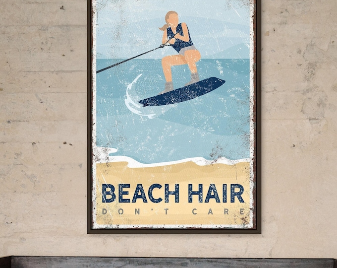 Navy Beach Hair Sign, Personalized Wakeboarding Wall Art, Custom Colors and Sizes for Shore Houses