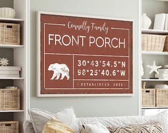 Custom Last Name Wall Sign: Cabin Decor (Coordinates & Bear Icon)