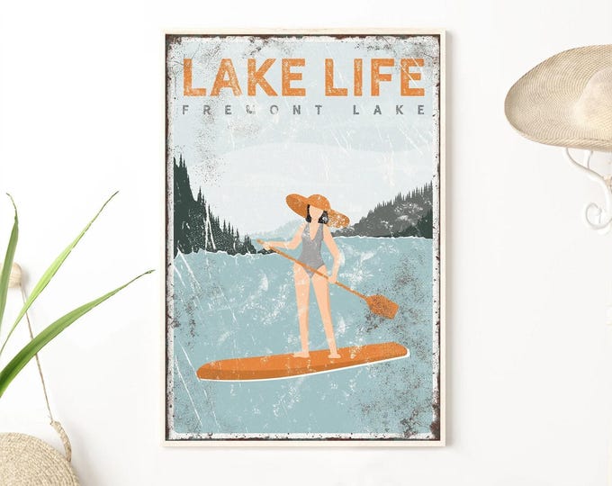 Custom Lake Life Sign: Female Paddleboarder, Vintage Style