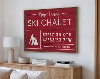 Twin Peaks Mountain Sign, Dark Red Chalet Coordinates Print, Custom Family Name Art