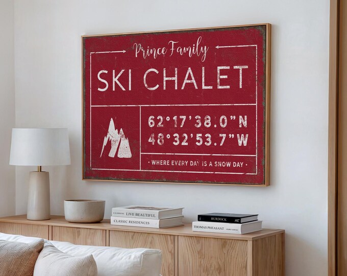 Twin Peaks Mountain Sign, Dark Red Chalet Coordinates Print, Custom Family Name Art