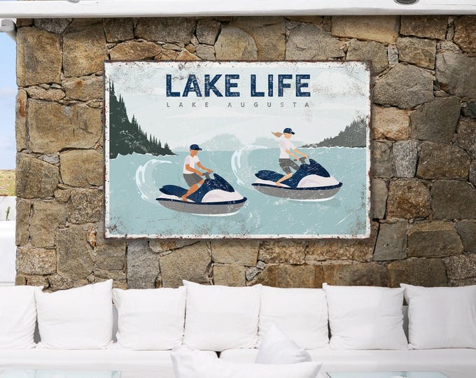 Lake Canvas Print, Art For Above Couch, Personalized Lake Life Sign, Vintage Jetski Wall Decor, Custom Lakehouse Art, Gift For Mom {vpl}