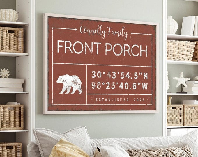 Family Name Sign in Rust Red, Front Porch with Bear and GPS Coordinates, Country Cabin Decor