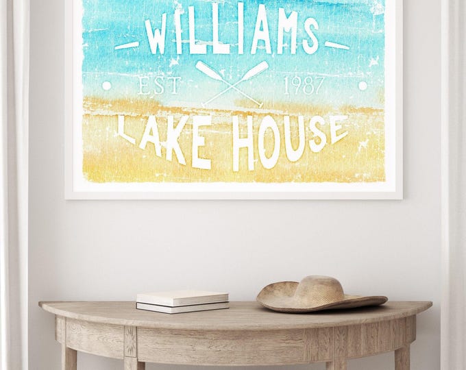 Watercolor Lakehouse Sign - Custom Name, Weathered Beach Look