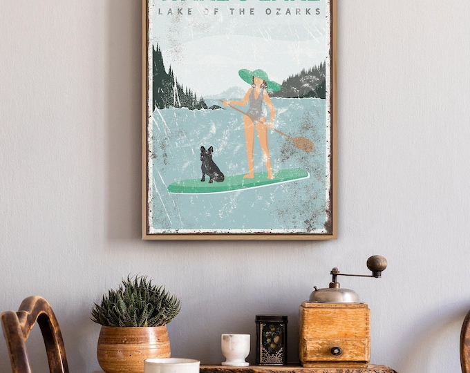 Personalized Lake House Sign: Paddleboard and Black Frenchie Art