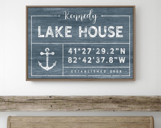 Custom Lake House, Lakehouse Decor, Coordinates Sign, Personalized Last Name Plaque, Harbor Blue Canvas, Modern Farmhouse Gift {gdo}