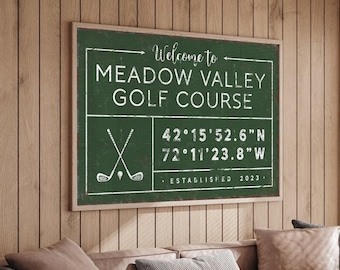 custom GOLF COURSE sign with coordinates, personalized last name canvas, add your favorite golf course, vintage farmhouse decor {gdb}