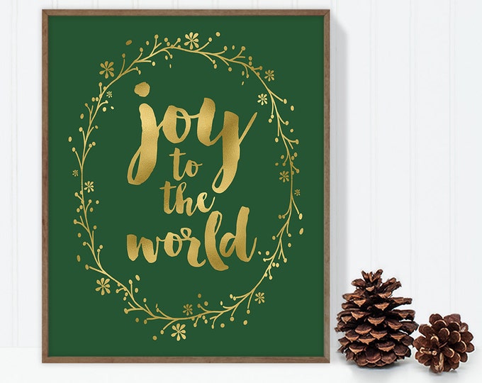 joy to the world / wall art print DIY / christmas decoration / GOLD WREATH / calligraphy, gold and green ▷digital printable sign