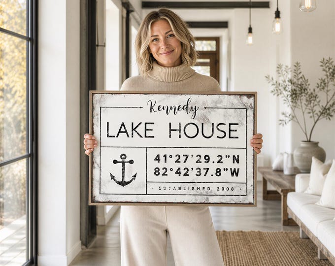 Lake Coordinates Art, Black and Cream Nautical Anchor Plaque, Custom Family Name Sign