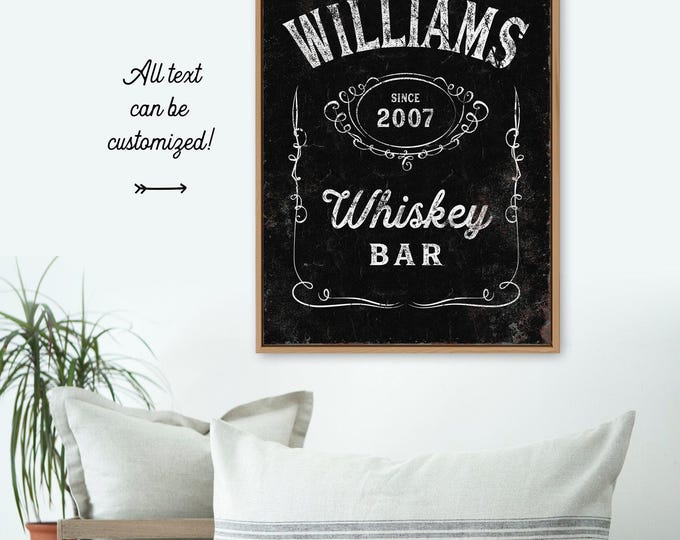 vintage WHISKEY BAR sign > custom distressed canvas print for farmhouse bar decor, personalized whiskey label poster