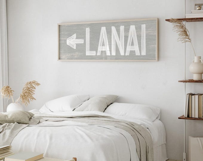 Directional Sign for the Lanai, Large Stone Gray Arrow Wall Art, Custom Text for Patio Homes