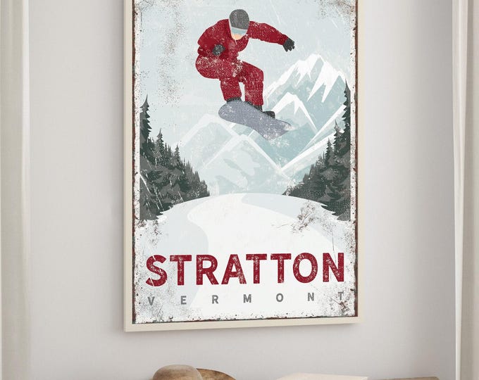 Vintage Snowboarding, Ski Stratton, Distressed Wall Art, Retro Mountain Poster, Custom Winter Decor, Personalized Gift for Ski Lovers {vph}