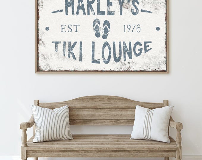 Tiki Lounge Wall Sign: Dusty Blue, Flip Flop Art - Rustic Farmhouse Decor