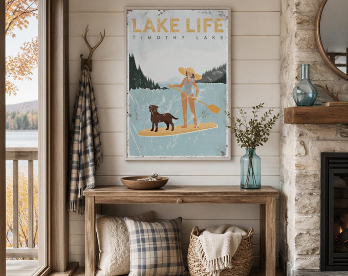 Lake Life Sign, Personalized Paddleboard Woman and Dog Wall Art, Custom Lake Gift