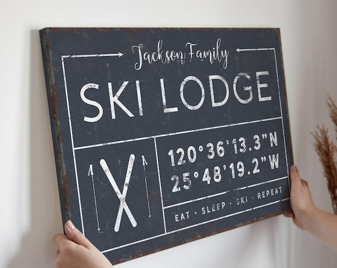 Arrow Sign Decor Ski Lodge Print, Navy Family Coordinates Art, Crossed Skis Wall Sign